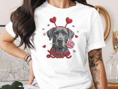 Valentine's Day Great Dane T-Shirt, Cute Dog with Hearts, Dog Lover Gift, Holiday T-Shirt, Sweet Canine Tee, Pet Lover Apparel