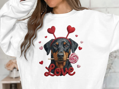 Valentine Doberman Pinscher T-Shirt, Love Dog Tee, Heart Headband Puppy Shirt, Valentines Day Gift, Cute Pet Lover Apparel, Rottweiler Gifts