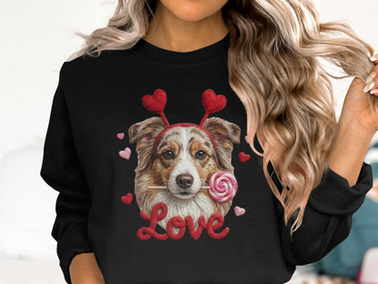 Valentine Australian Shepherd T Shirt, Cute Dog Tee, Heart Headband Dog, Love Lollipop Shirt, Pet Lover Gift, Dog Lover Gift, Puppy T-Shirt