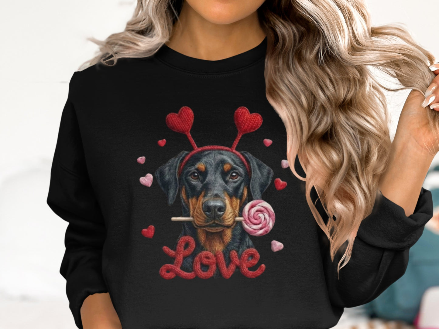 Valentine Doberman Pinscher T-Shirt, Love Dog Tee, Heart Headband Puppy Shirt, Valentines Day Gift, Cute Pet Lover Apparel, Rottweiler Gifts