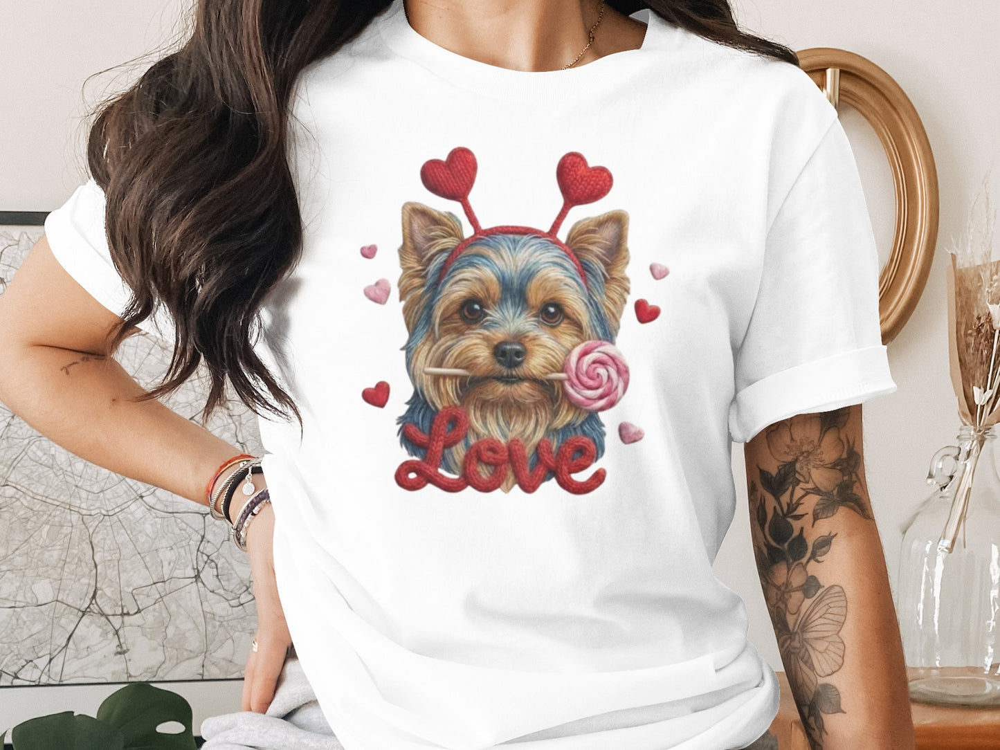Yorkie Love T-Shirt, Valentine's Day Dog Tee, Heart Headband Pup Shirt, Sweet Dog Shirt, Cute Animal Tee, Yorkie Lover Gift