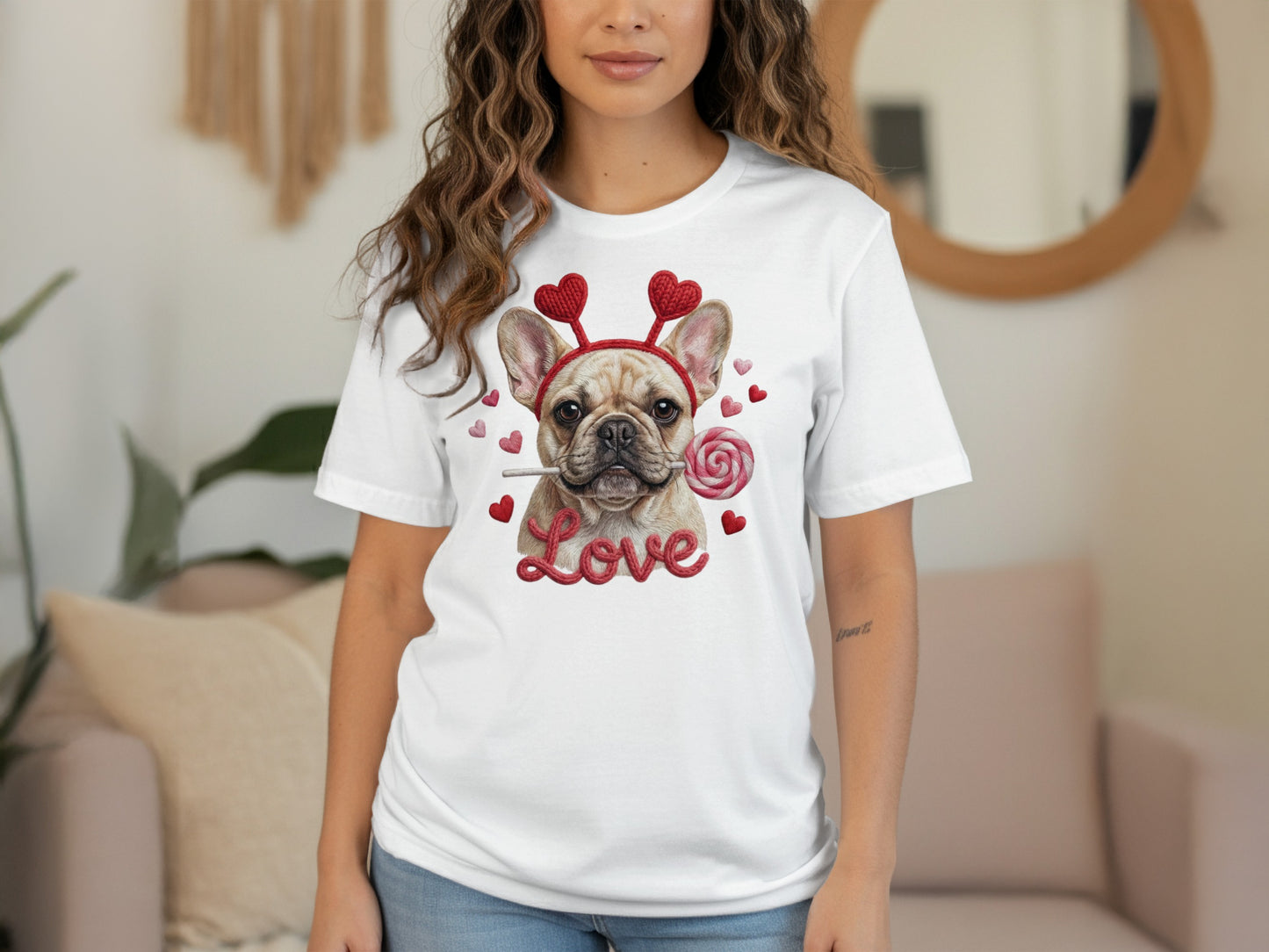 French Bulldog Valentines T-Shirt, Dog Love T-Shirt, Heart Headband Tee, Valentines Gift T-Shirt, Cute Dog Lover T-Shirt, Candy T-Shirt