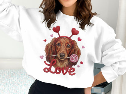 Valentine Dachshund T-Shirt, Love Dog Shirt, Puppy with Hearts, Sweet Candy Tee, Cute Pet Apparel, Dog Lover Gift, Valentine Gift