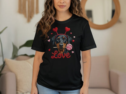 Valentine Doberman Pinscher T-Shirt, Love Dog Tee, Heart Headband Puppy Shirt, Valentines Day Gift, Cute Pet Lover Apparel, Rottweiler Gifts