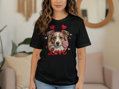 Valentine Australian Shepherd T Shirt, Cute Dog Tee, Heart Headband Dog, Love Lollipop Shirt, Pet Lover Gift, Dog Lover Gift, Puppy T-Shirt