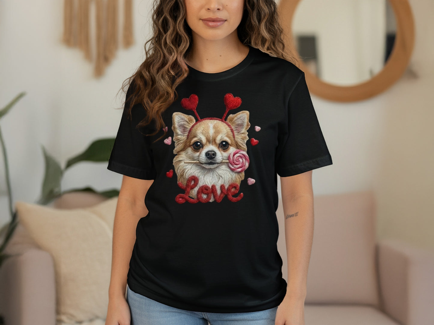 Chihuahua Valentine T Shirt, Cute Dog with Hearts Tee, Puppy Lollipop Love T-Shirt, Valentine Gift, Trendy Gift T-Shirt
