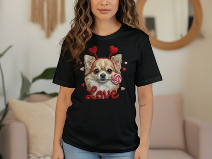 Chihuahua Valentine T Shirt, Cute Dog with Hearts Tee, Puppy Lollipop Love T-Shirt, Valentine Gift, Trendy Gift T-Shirt