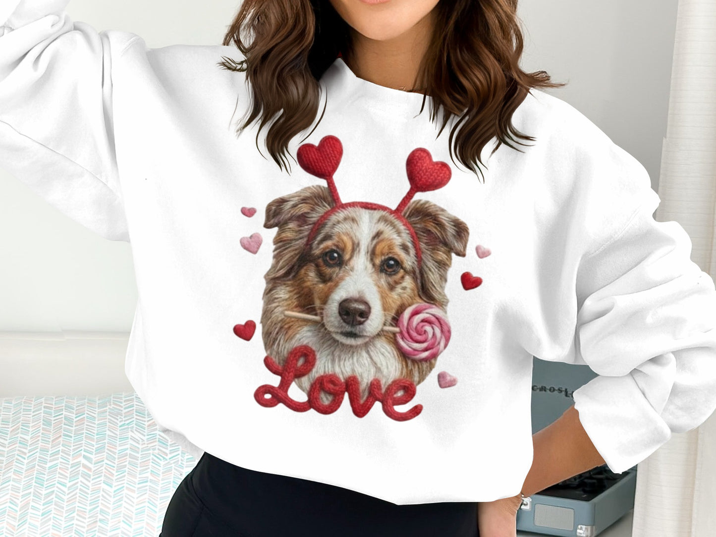 Valentine Australian Shepherd T Shirt, Cute Dog Tee, Heart Headband Dog, Love Lollipop Shirt, Pet Lover Gift, Dog Lover Gift, Puppy T-Shirt
