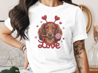 Valentine Dachshund T-Shirt, Love Dog Shirt, Puppy with Hearts, Sweet Candy Tee, Cute Pet Apparel, Dog Lover Gift, Valentine Gift