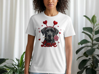 Valentine's Day Great Dane T-Shirt, Cute Dog with Hearts, Dog Lover Gift, Holiday T-Shirt, Sweet Canine Tee, Pet Lover Apparel