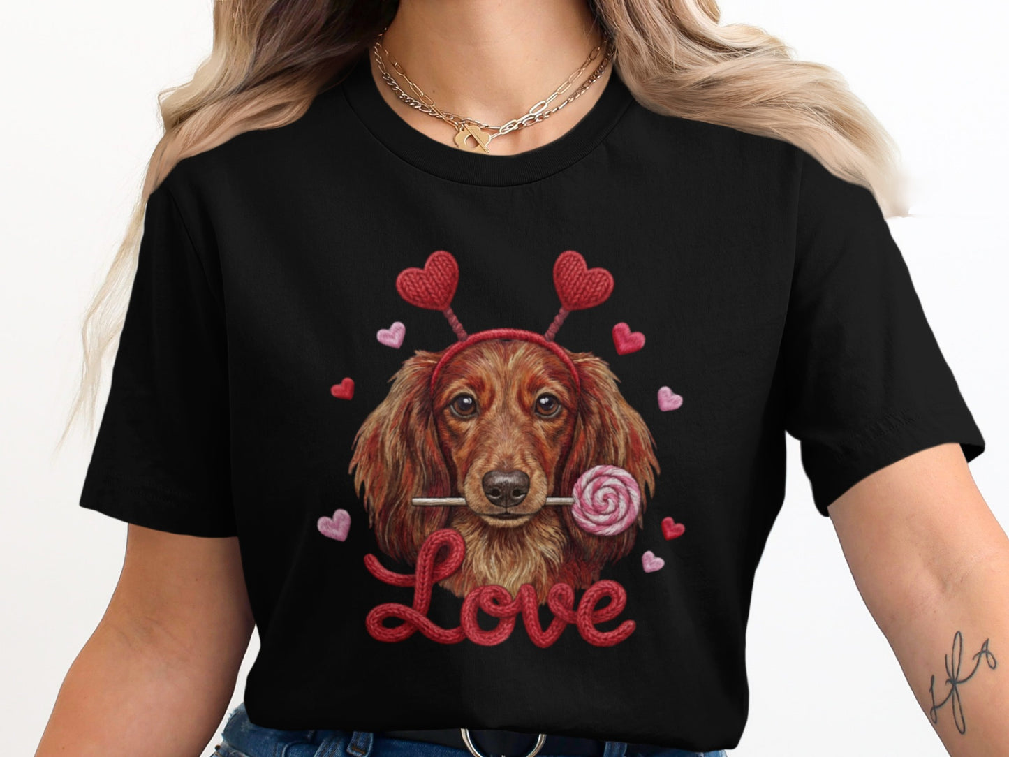 Valentine Dachshund T-Shirt, Love Dog Shirt, Puppy with Hearts, Sweet Candy Tee, Cute Pet Apparel, Dog Lover Gift, Valentine Gift