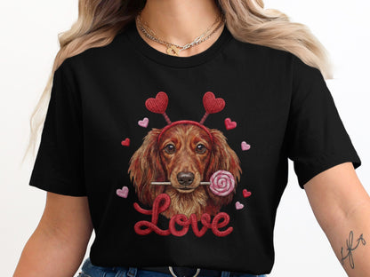 Valentine Dachshund T-Shirt, Love Dog Shirt, Puppy with Hearts, Sweet Candy Tee, Cute Pet Apparel, Dog Lover Gift, Valentine Gift