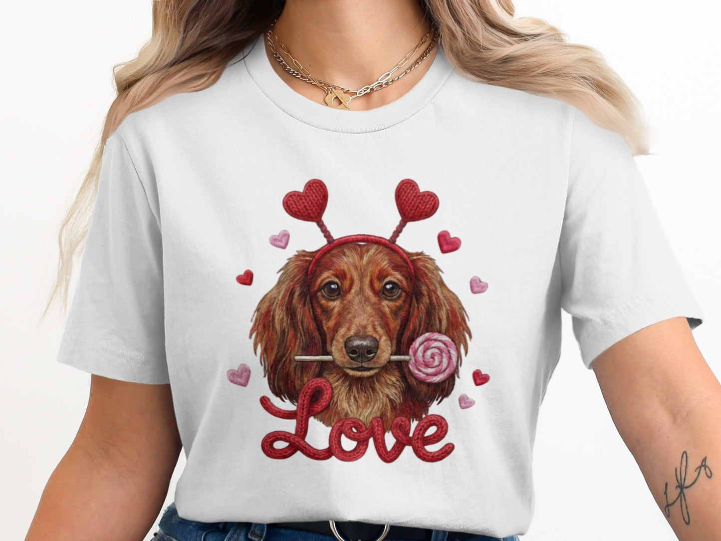 Valentine Dachshund T-Shirt, Love Dog Shirt, Puppy with Hearts, Sweet Candy Tee, Cute Pet Apparel, Dog Lover Gift, Valentine Gift