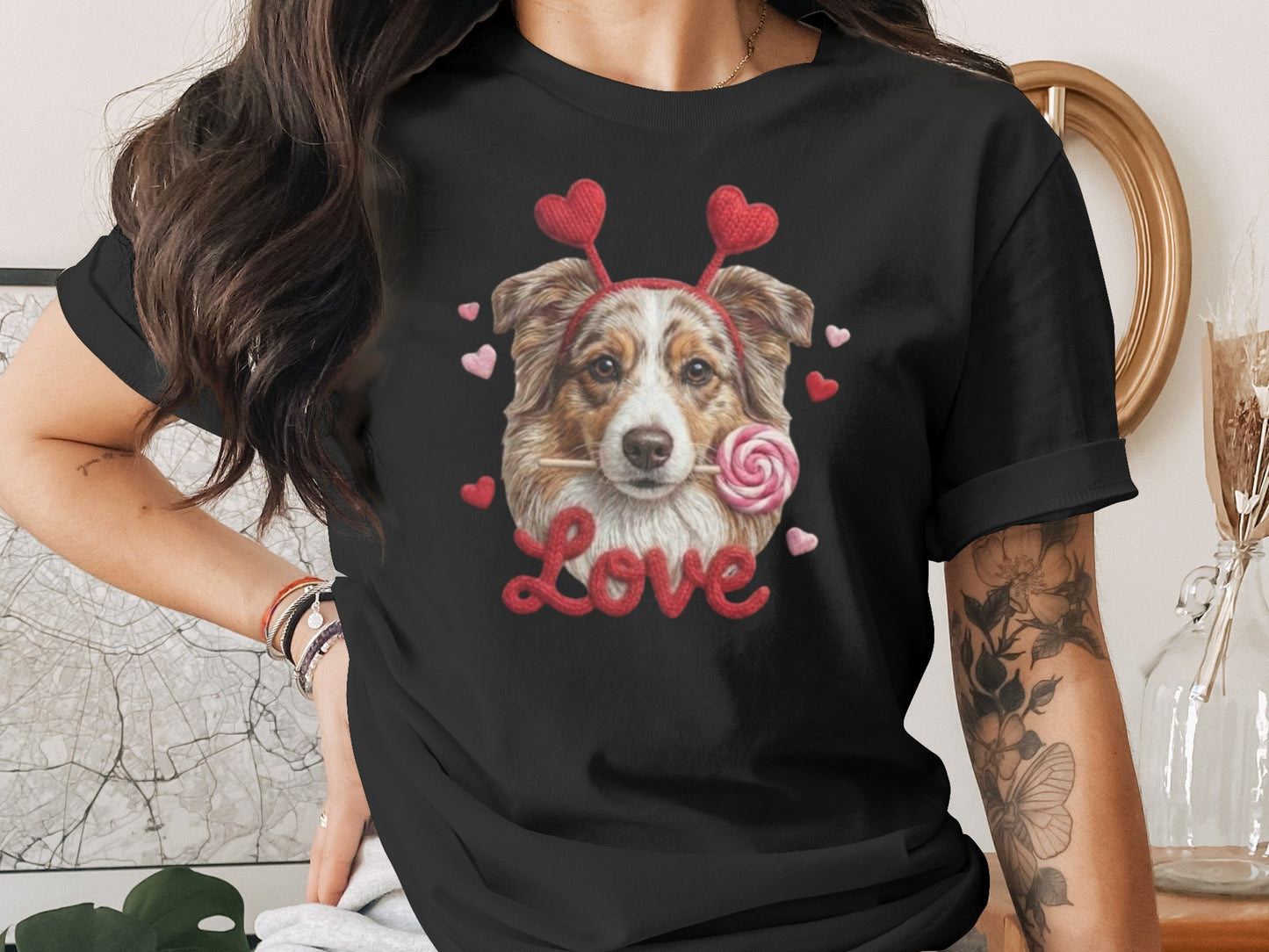 Valentine Australian Shepherd T Shirt, Cute Dog Tee, Heart Headband Dog, Love Lollipop Shirt, Pet Lover Gift, Dog Lover Gift, Puppy T-Shirt