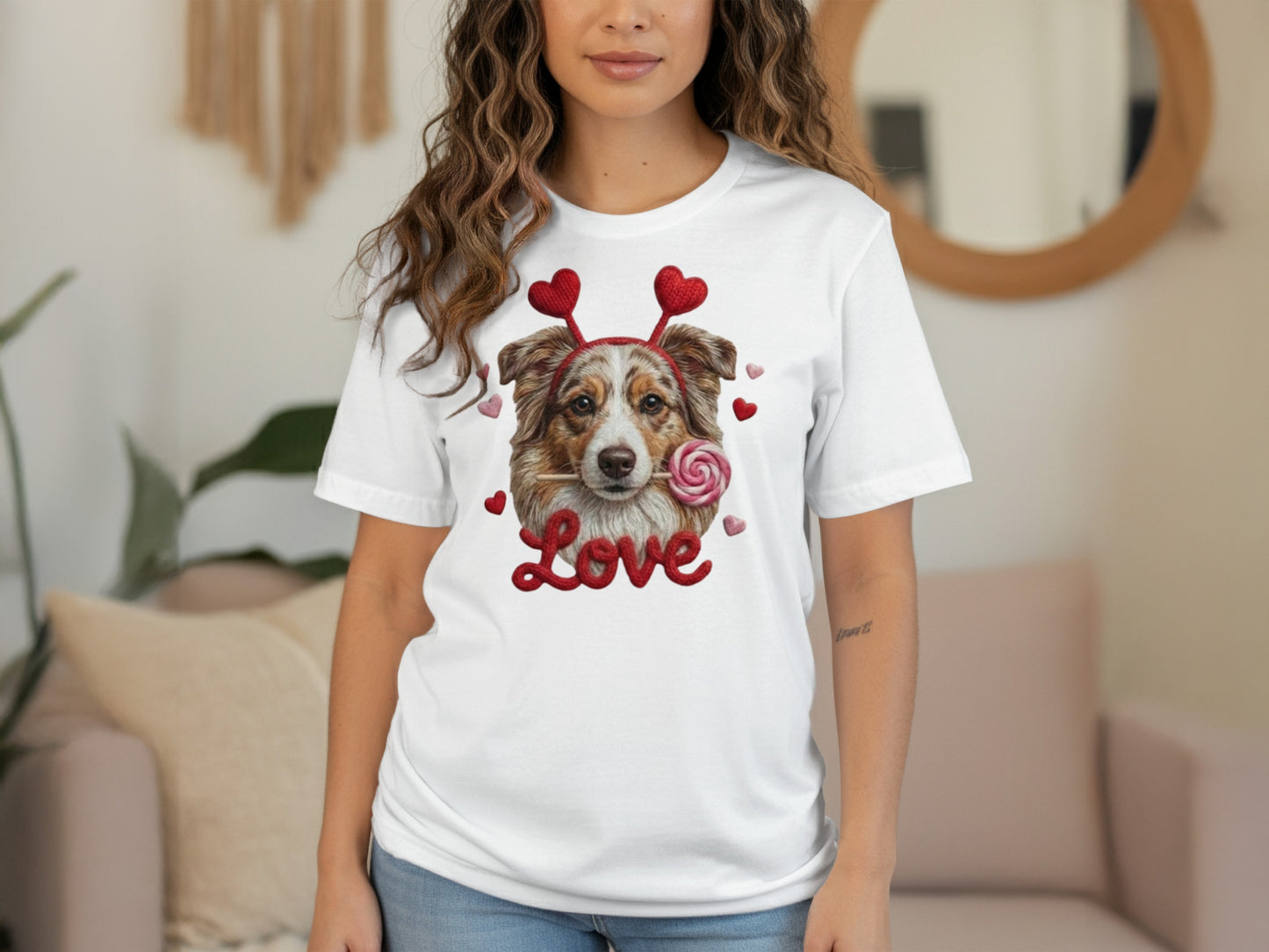 Valentine Australian Shepherd T Shirt, Cute Dog Tee, Heart Headband Dog, Love Lollipop Shirt, Pet Lover Gift, Dog Lover Gift, Puppy T-Shirt