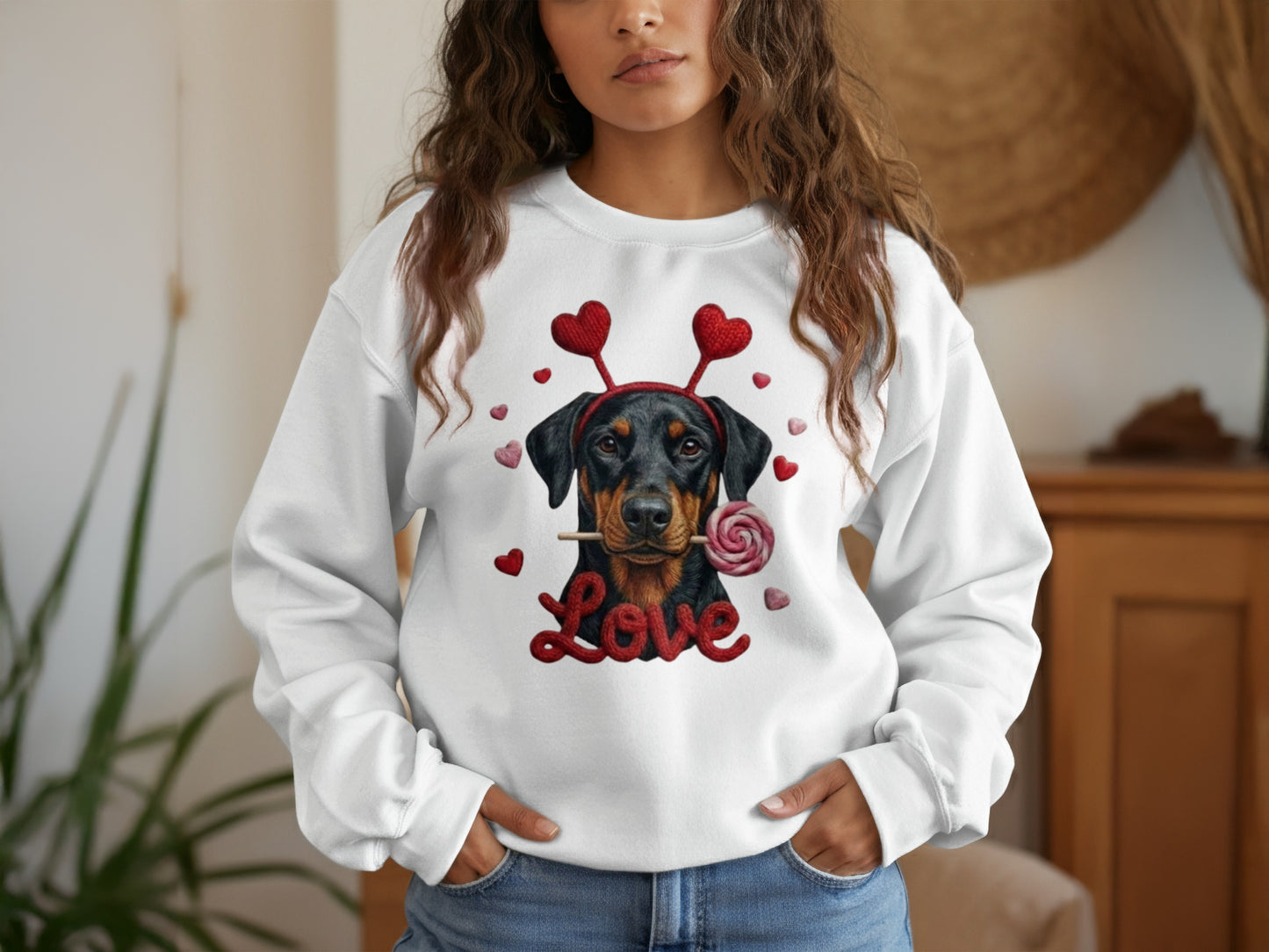 Valentine Doberman Pinscher T-Shirt, Love Dog Tee, Heart Headband Puppy Shirt, Valentines Day Gift, Cute Pet Lover Apparel, Rottweiler Gifts
