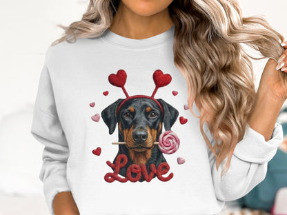 Valentine Doberman Pinscher T-Shirt, Love Dog Tee, Heart Headband Puppy Shirt, Valentines Day Gift, Cute Pet Lover Apparel, Rottweiler Gifts