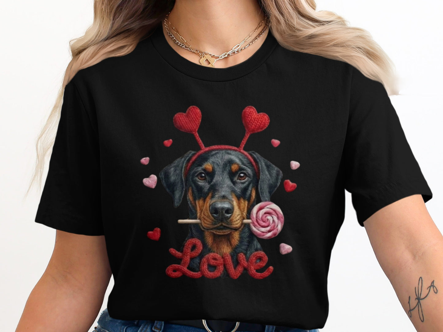 Valentine Doberman Pinscher T-Shirt, Love Dog Tee, Heart Headband Puppy Shirt, Valentines Day Gift, Cute Pet Lover Apparel, Rottweiler Gifts