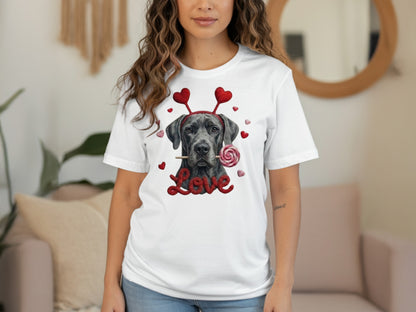 Valentine's Day Great Dane T-Shirt, Cute Dog with Hearts, Dog Lover Gift, Holiday T-Shirt, Sweet Canine Tee, Pet Lover Apparel