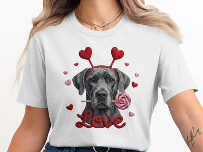 Valentine's Day Great Dane T-Shirt, Cute Dog with Hearts, Dog Lover Gift, Holiday T-Shirt, Sweet Canine Tee, Pet Lover Apparel