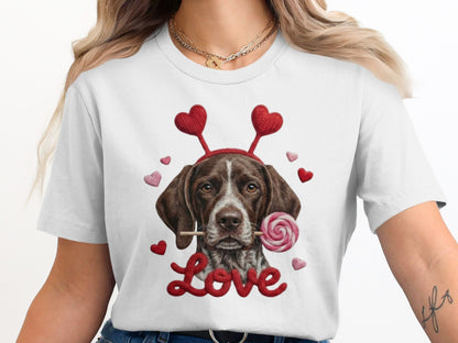 Valentine German Shorthaired Pointer T-Shirt, Heart Antler, Love Lollipop, Cute Puppy Tee, Valentine's Day Gift Dog Lover