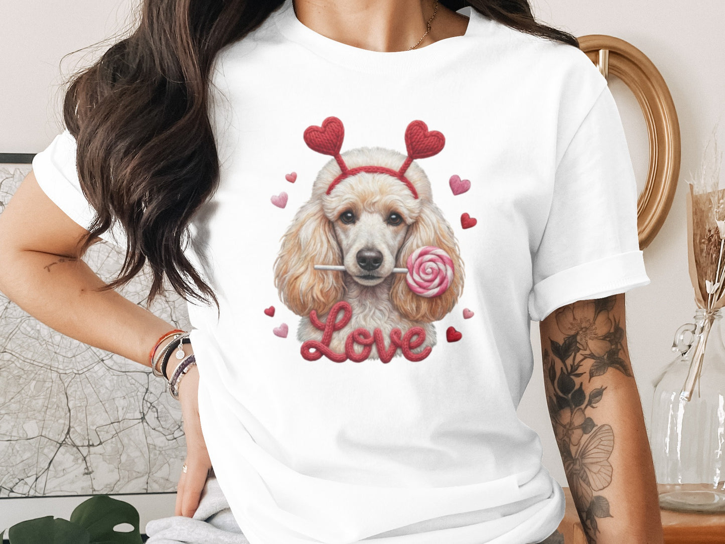 Valentine Poodle T-Shirt, Cute Dog Tee, Love Heart Headband, Candy Gift, Unique Dog Lover T-Shirt, Valentine's Day Gift T-Shirt