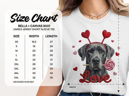 Valentine's Day Great Dane T-Shirt, Cute Dog with Hearts, Dog Lover Gift, Holiday T-Shirt, Sweet Canine Tee, Pet Lover Apparel