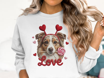 Valentine Australian Shepherd T Shirt, Cute Dog Tee, Heart Headband Dog, Love Lollipop Shirt, Pet Lover Gift, Dog Lover Gift, Puppy T-Shirt