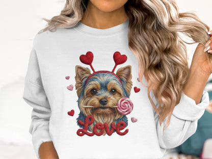Yorkie Love T-Shirt, Valentine's Day Dog Tee, Heart Headband Pup Shirt, Sweet Dog Shirt, Cute Animal Tee, Yorkie Lover Gift