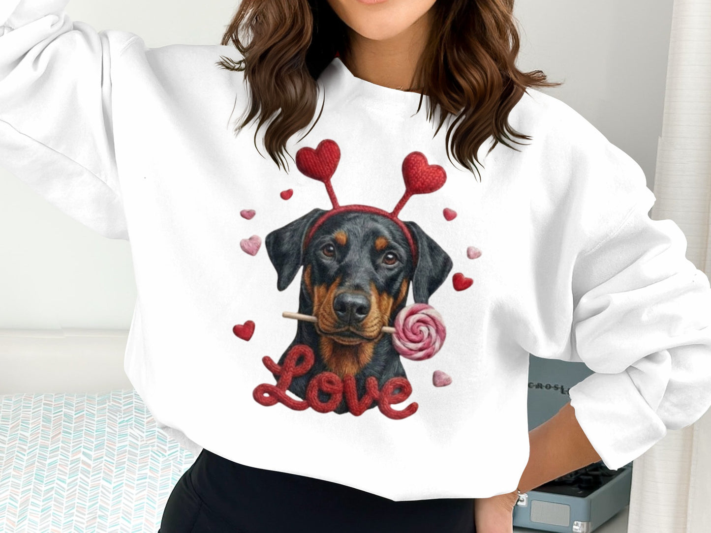 Valentine Doberman Pinscher T-Shirt, Love Dog Tee, Heart Headband Puppy Shirt, Valentines Day Gift, Cute Pet Lover Apparel, Rottweiler Gifts