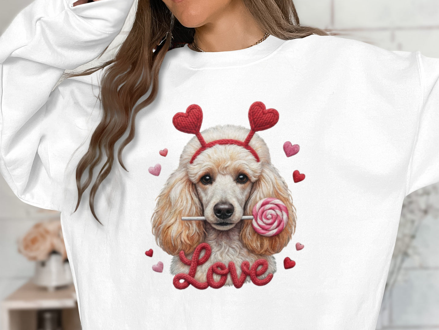 Valentine Poodle T-Shirt, Cute Dog Tee, Love Heart Headband, Candy Gift, Unique Dog Lover T-Shirt, Valentine's Day Gift T-Shirt