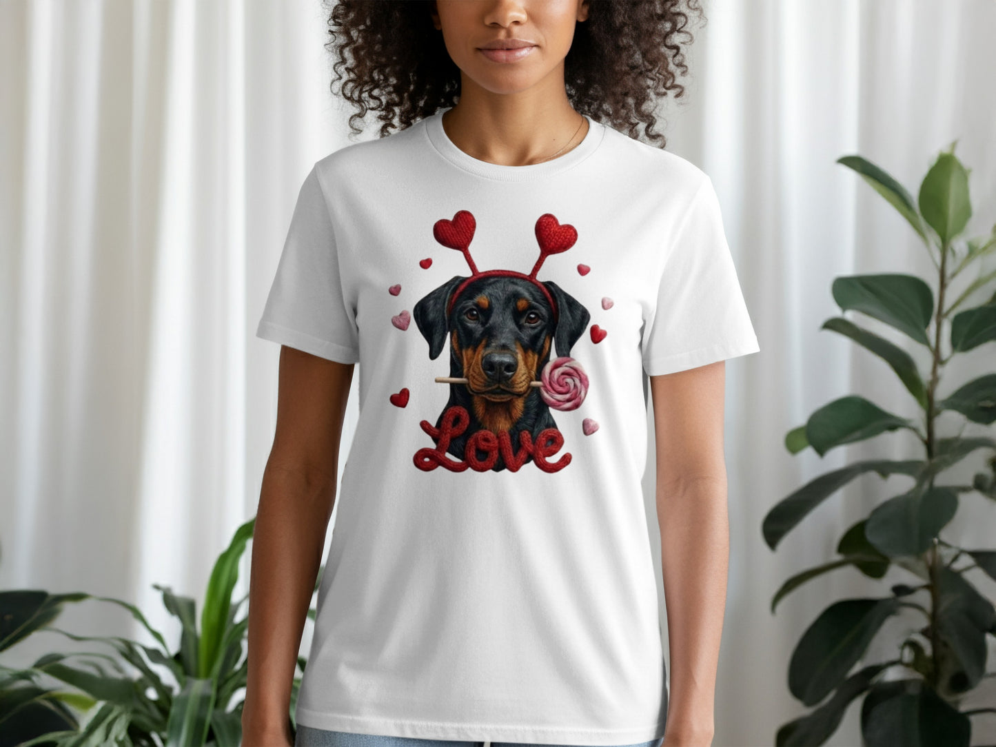 Valentine Doberman Pinscher T-Shirt, Love Dog Tee, Heart Headband Puppy Shirt, Valentines Day Gift, Cute Pet Lover Apparel, Rottweiler Gifts