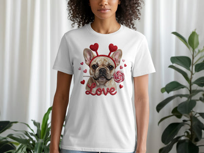 French Bulldog Valentines T-Shirt, Dog Love T-Shirt, Heart Headband Tee, Valentines Gift T-Shirt, Cute Dog Lover T-Shirt, Candy T-Shirt