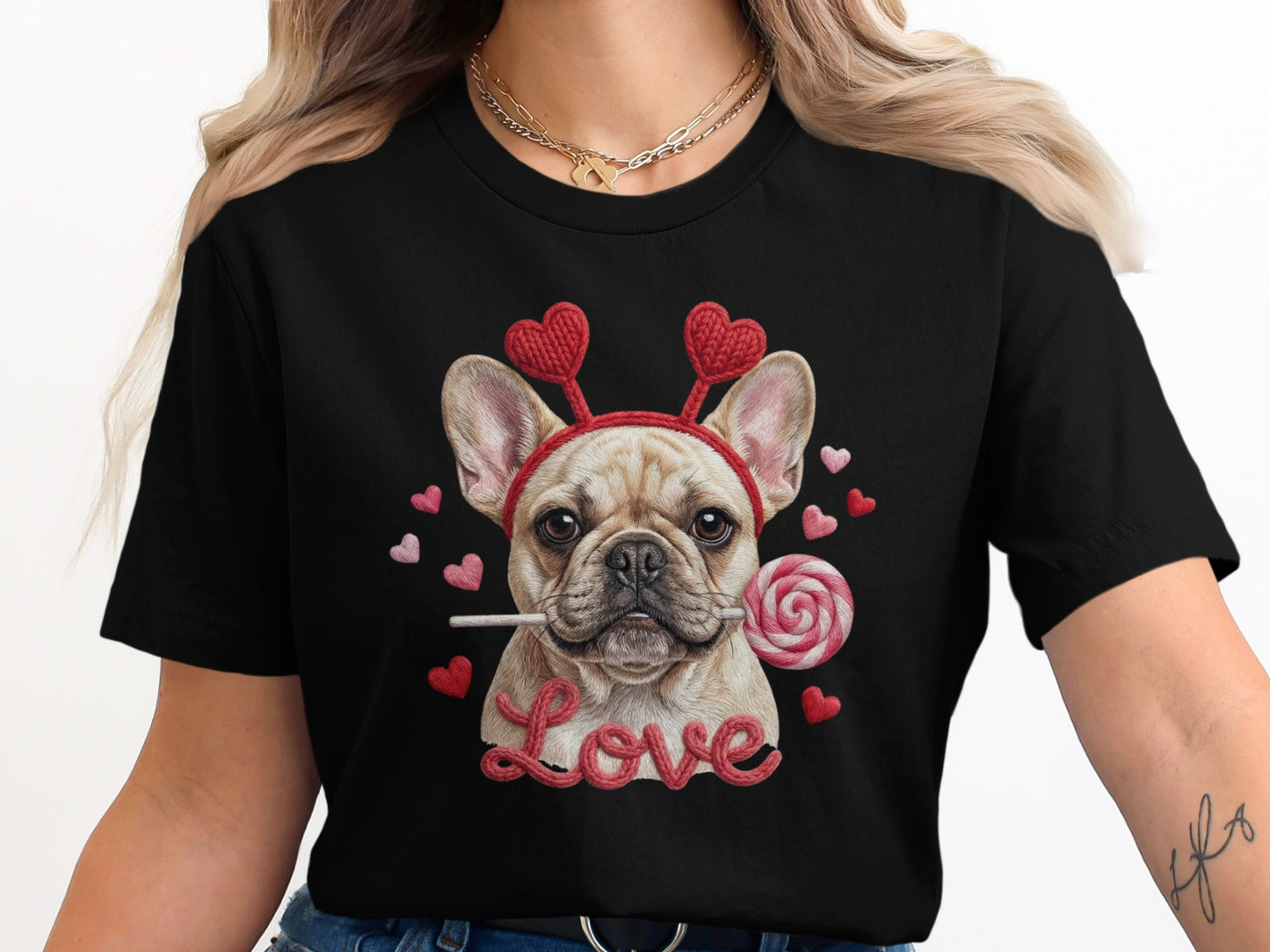 French Bulldog Valentines T-Shirt, Dog Love T-Shirt, Heart Headband Tee, Valentines Gift T-Shirt, Cute Dog Lover T-Shirt, Candy T-Shirt