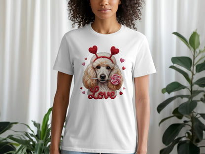 Valentine Poodle T-Shirt, Cute Dog Tee, Love Heart Headband, Candy Gift, Unique Dog Lover T-Shirt, Valentine's Day Gift T-Shirt
