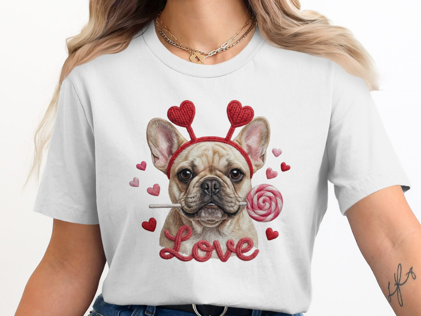 French Bulldog Valentines T-Shirt, Dog Love T-Shirt, Heart Headband Tee, Valentines Gift T-Shirt, Cute Dog Lover T-Shirt, Candy T-Shirt